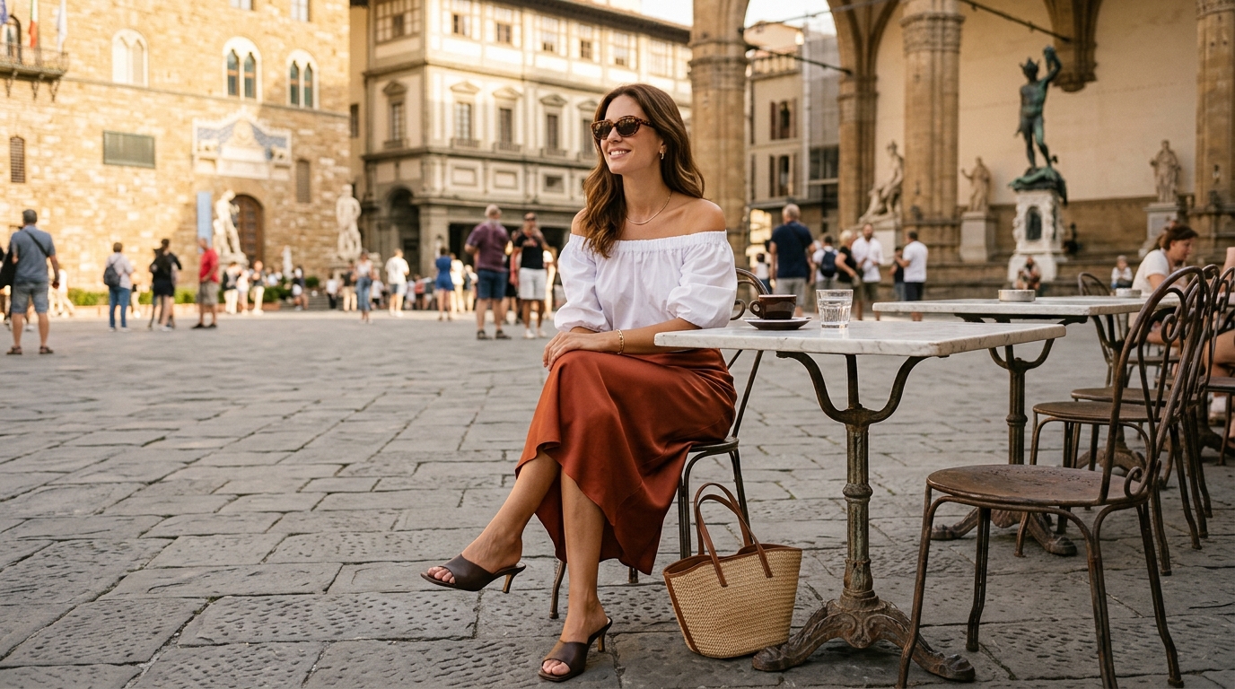 Terracotta Silk Slip Skirt & Off-the-Shoulder Linen Top